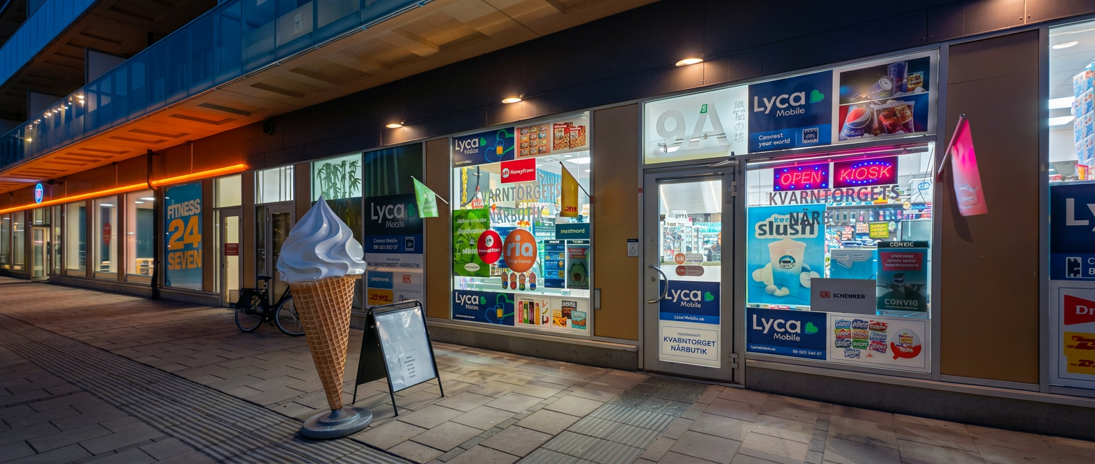 Kvarntorget Närbutiks fasad och entré på kvällen