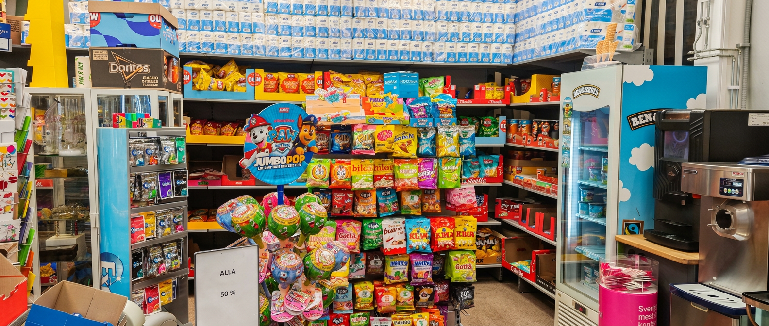 Butikens färgglada sortiment av godis och snacks
