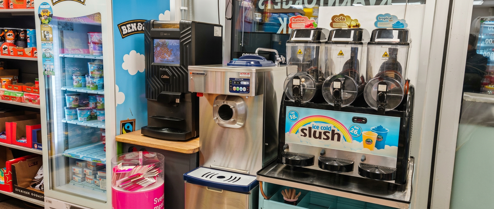 Slushmaskin och kaffemaskin inne i butiken
